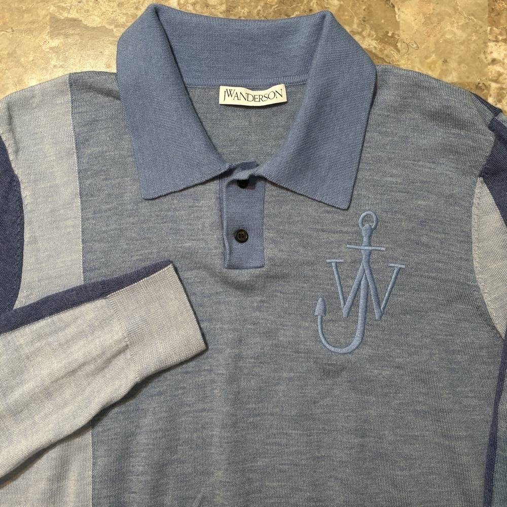 JW Anderson Sweater Mens XL Blue Anchor Logo Wool Polo Long Sleeve Colorblock